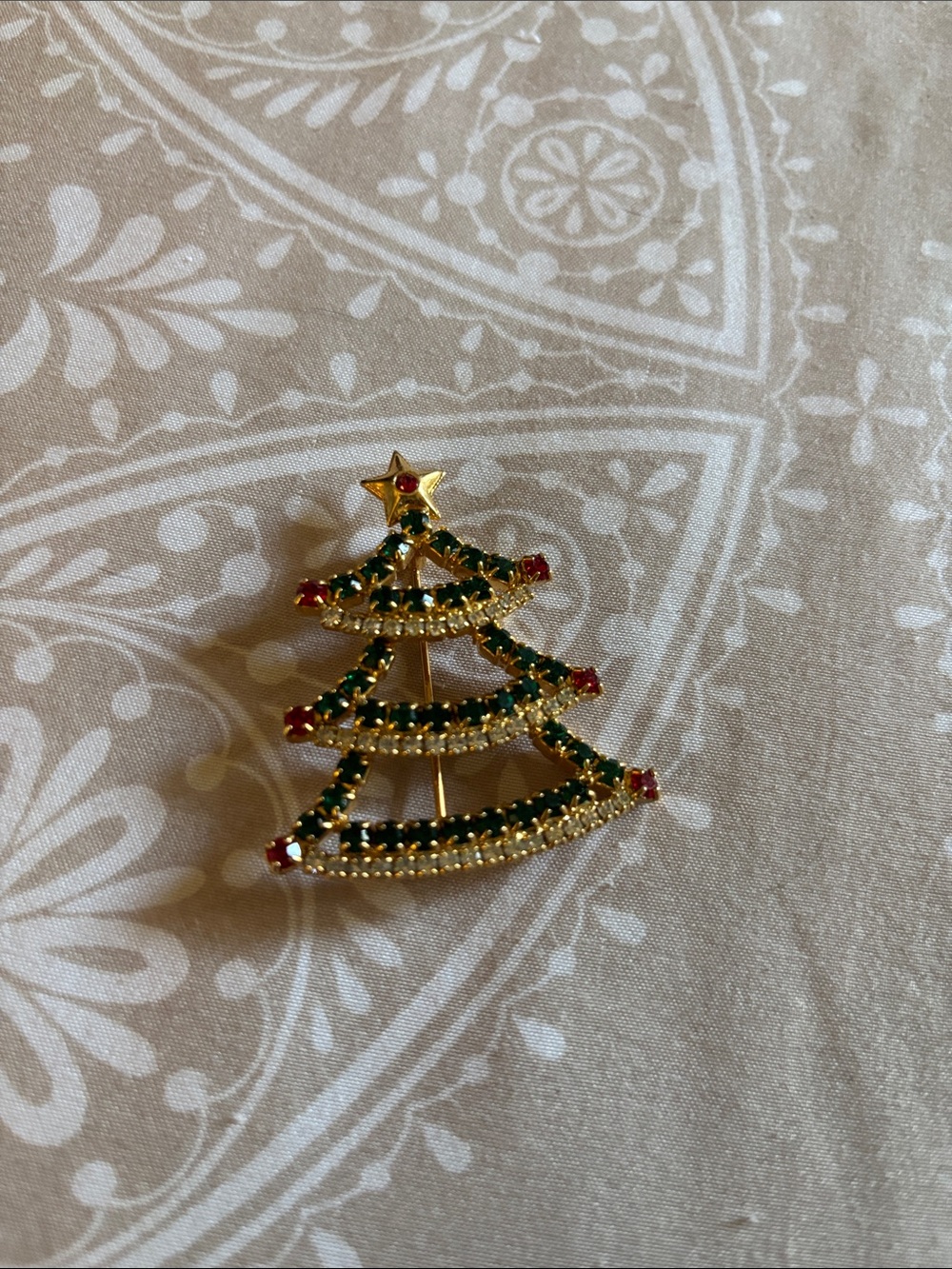 Gold-Tone Christmas Tree Pin with Green and Red Rhinestones
